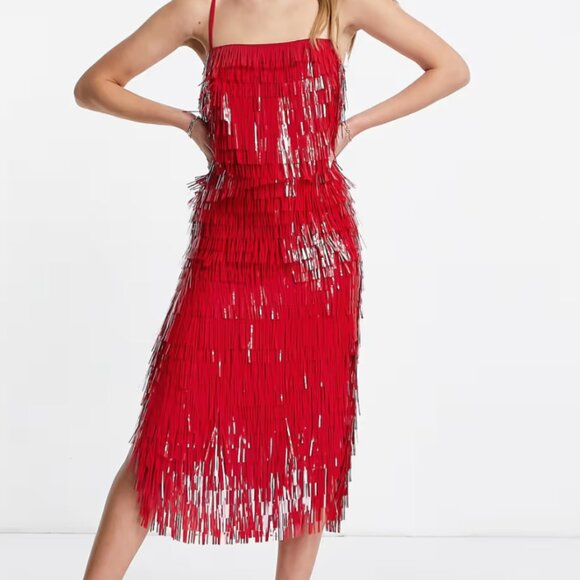 Holiday ASOS shard detail midi dress sheer waist red, modern flapper - SIZE 6 - Picture 2 of 8
